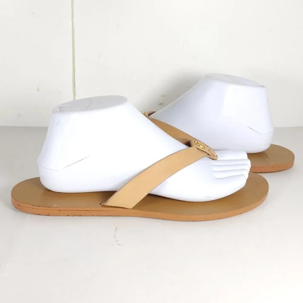 Tory Burch Women's Manon US9M Natural Leather Flat Thong Flip Flops Sandals